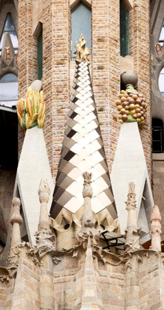 Shot in color detail on the facade of this historic building representing some character, animal or flower. Set at Eixample, Barcelona, Catalunya, Spain, Europeの写真素材