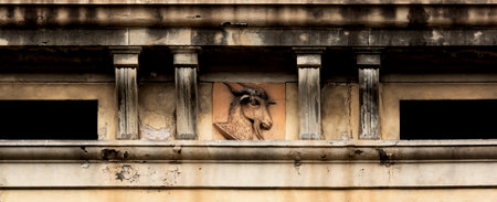 Shot in color detail on the facade of this historic building representing some character, animal or flower. Set at Eixample, Barcelona, Catalunya, Spain, Europeの写真素材