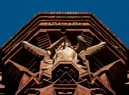 Shot in color detail on the facade of this historic building representing some character, animal or flower. Set at Eixample, Barcelona, Catalunya, Spain, Europeの写真素材