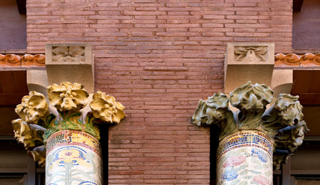 Shot in color detail on the facade of this historic building representing some character, animal or...