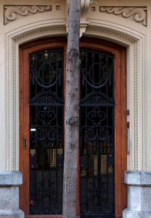 Shot in color a series of images showing urban trees forming varied geometries with the main doors of the buildings. Set at Barcelona, Catalunya, Spain, Europeの写真素材