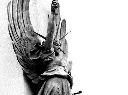 Shot in black and white detail on the facade of this historic building representing some character, animal or flower. Set at Eixample, Barcelona, Catalunya, Spain, Europeの写真素材
