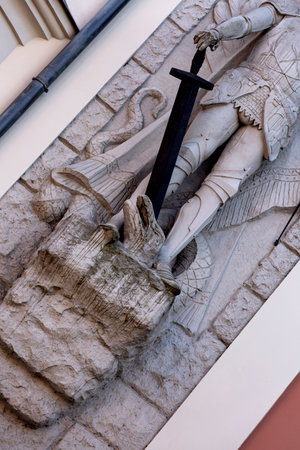 Sculptures on the facade of the Church of St. John the Baptist in Zagreb, Croatiaの写真素材