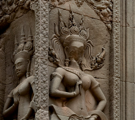 Carvings on the walls of Angkor Wat, Cambodiaの写真素材