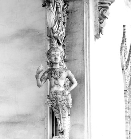 Sculpture in Thai temple, Thailand. Black and white.
