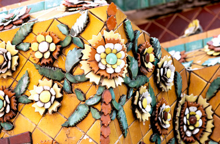 Thai style pattern on the wall of the temple, Thailand.の写真素材