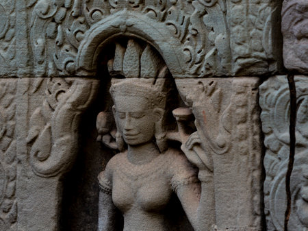 Stone carving at Angkor Wat, Siem Reap, Cambodiaの写真素材