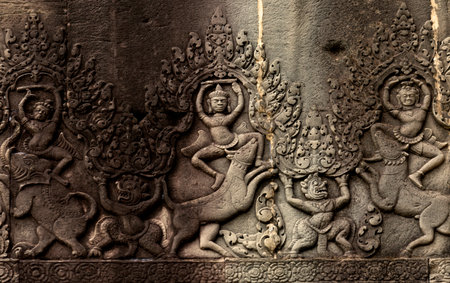 Carvings on the walls of Angkor Wat, Cambodiaの写真素材