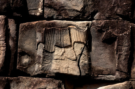 Ancient hieroglyphs carved on the wall of the temple.の写真素材