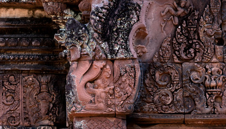 Carvings on the walls of Banteay Srei temple, Cambodiaの写真素材