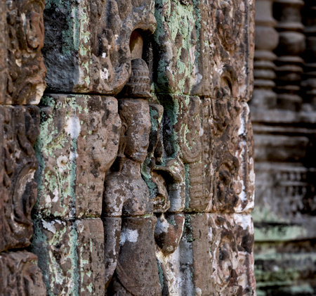 Close up detail of the stone carvings at Angkor Wat, Cambodiaの写真素材