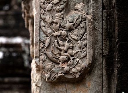 Carvings on the walls of Angkor Wat, Cambodiaの写真素材