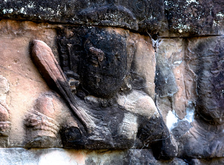 Ancient stone carving in Angkor Wat, Siem Reap, Cambodiaの写真素材