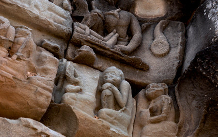 Sculptures on the walls of the Angkor Wat temple in Cambodiaの写真素材
