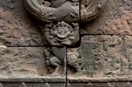 Stone carving on the wall of Angkor Wat, Cambodia.の写真素材