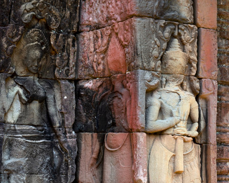 Sculptures on the walls of Angkor Wat, Cambodiaの写真素材