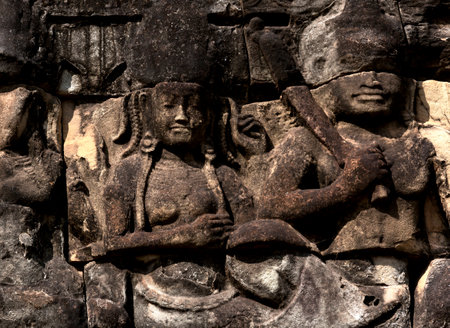 Carvings on the wall of Angkor Wat, Cambodiaの写真素材
