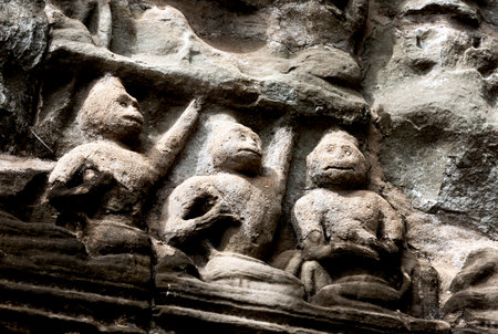Ancient bas-relief on the wall of Angkor Wat, Cambodiaの写真素材