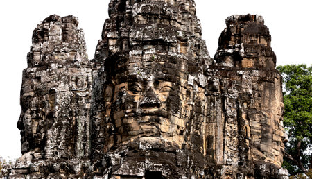Stone face of Bayon Temple in Angkor Thom, Cambodiaの写真素材