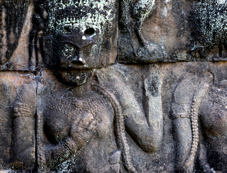 Carvings on the wall of Angkor Wat, Cambodiaの写真素材