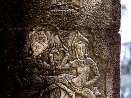 Stone carving in Angkor Wat, Siem Reap, Cambodiaの写真素材