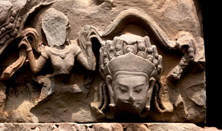 Stone carving in Khajuraho, Madhya Pradesh, Indiaの写真素材