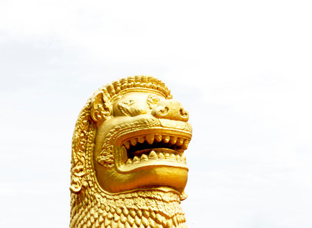 golden lion statue in chiangmai province, Thailand.の写真素材
