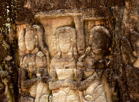 Carvings on the wall of Angkor Wat, Cambodiaの写真素材