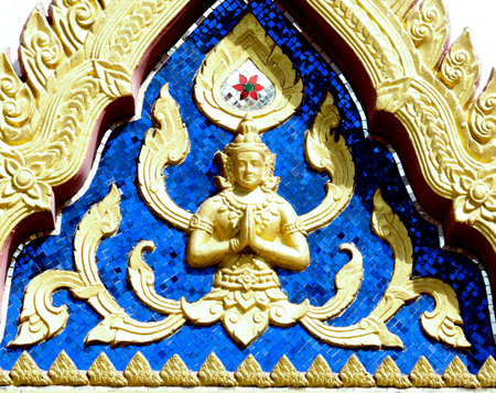 Thai style pattern on the wall of the temple, Thailand.の写真素材