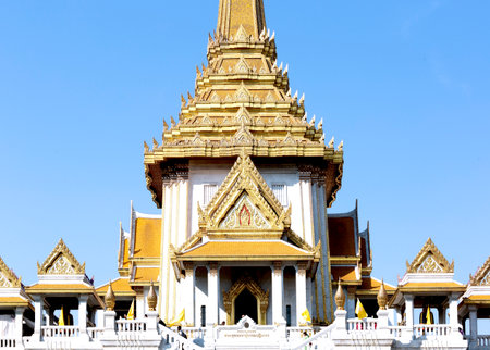 Thai temple in bangkok province (Thailand) on blue sky backgroundの写真素材