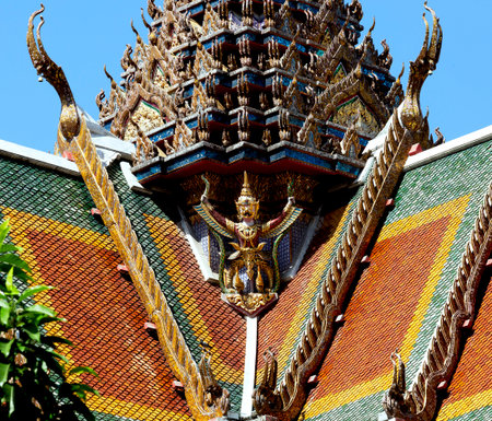 thai temple roof wat phra kaew in bangkok thailandの写真素材