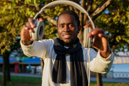 African man in white t-shirt with headphones in the park