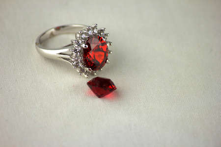 Ruby Ring with gemstone ruby white backgroundの写真素材