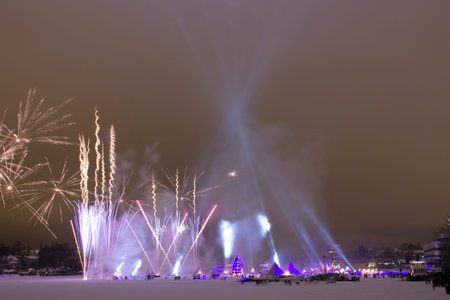 Fireworks on the River in Umea, Swedenの写真素材