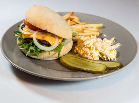 Hamburger Plate with Coleslaw and French Friesの写真素材