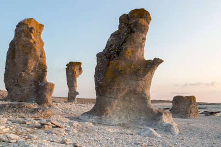 Sea Stacks at Langhammar, Gotland in Sweden at Sunset.の写真素材