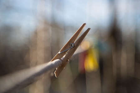 Wooden Clothes Pin on Clothes Lineの写真素材