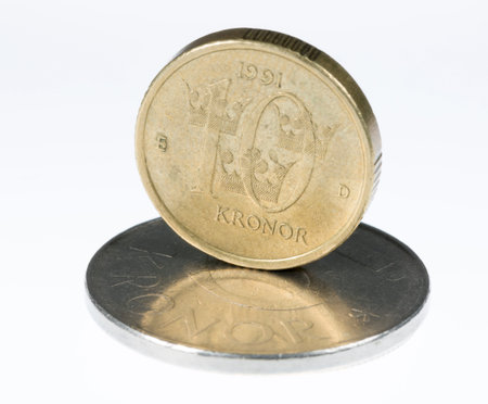 Swedish 10 Krona Standing on 5 krona Coin