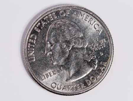 US Quarter Dollar close up on white backgroundの写真素材