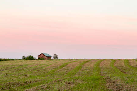Wood Barn in Field with a partly cloudy sky.の写真素材