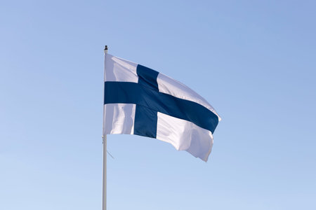 The Flag of Finland Waving in the Wind close up.