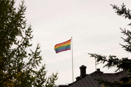 Rainbow Flag waving in the wind on Roof with a cloudy sky.の写真素材