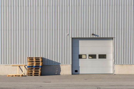 Industrial Building with Garage Door and Box Pallets.