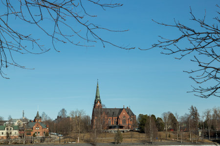 The Church in Umea, Sweden in spring with a clear blue sky.