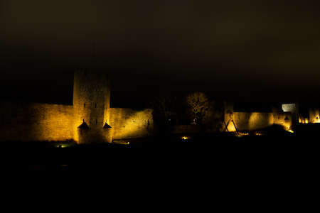 Town Wall in Visby, Sweden at Night.の写真素材