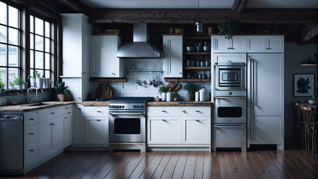 3d rendering of white modern kitchen interior design in scandinavian style generative AIの素材