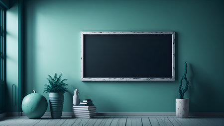 Empty blackboard on green wall in living room. 3d rendering generative AIの素材