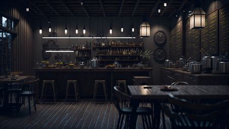 3d rendering of a dark pub or bar interior with bar counter and chairs generative AIの素材