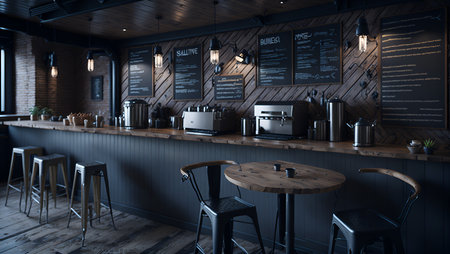 3d rendering of a coffee shop interior with bar counter and chairs generative AIの素材