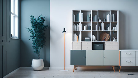 Modern living room interior with bookshelf. Mock up, 3D Rendering generative AIの素材